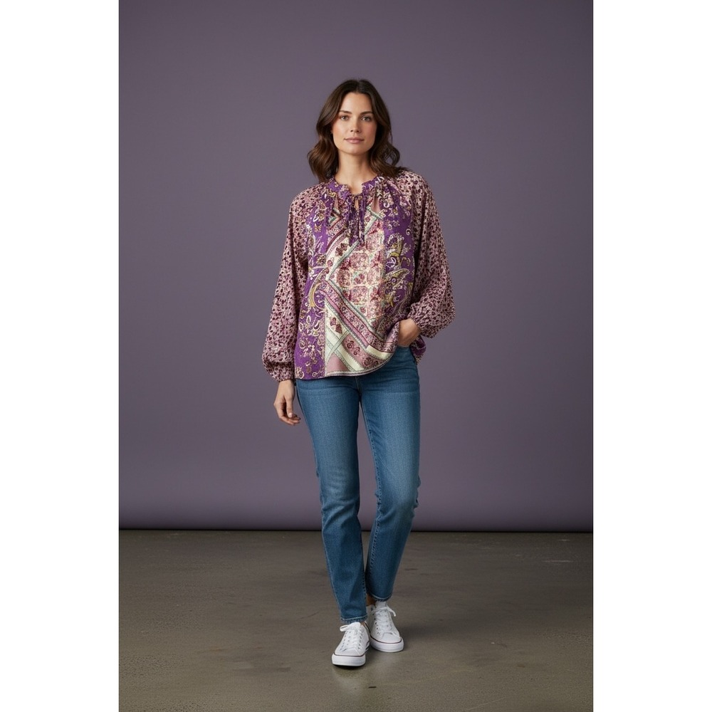 Umgee Purple Mixed Paisley‎ Floral Boho Lace Up Blouse Small R0737 NEW